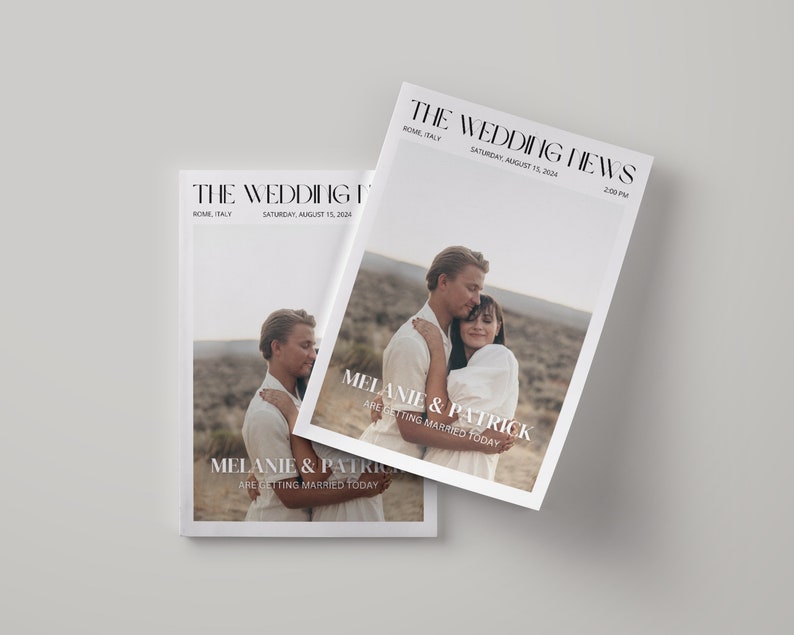 May include: Two wedding announcement cards with the headline "THE WEDDING NEWS". The cards feature a photo of a couple embracing, with the names "MELANIE & PATRICK" and the text "ARE GETTING MARRIED TODAY". The date is August 15, 2024.