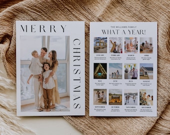 Modelo de cartão de Natal com retrospectiva anual, colagem de fotos de cartões "Que ano!", modelo de cartão de Natal com foto de família para impressão, boletim informativo de Natal