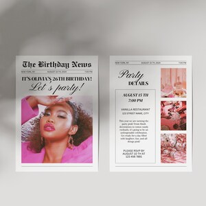 May include: Two-page party invitation with a newspaper theme. The left page reads "The Birthday News" and announces Olivia's 26th birthday. The right page details the party, including the date, time, and location.
