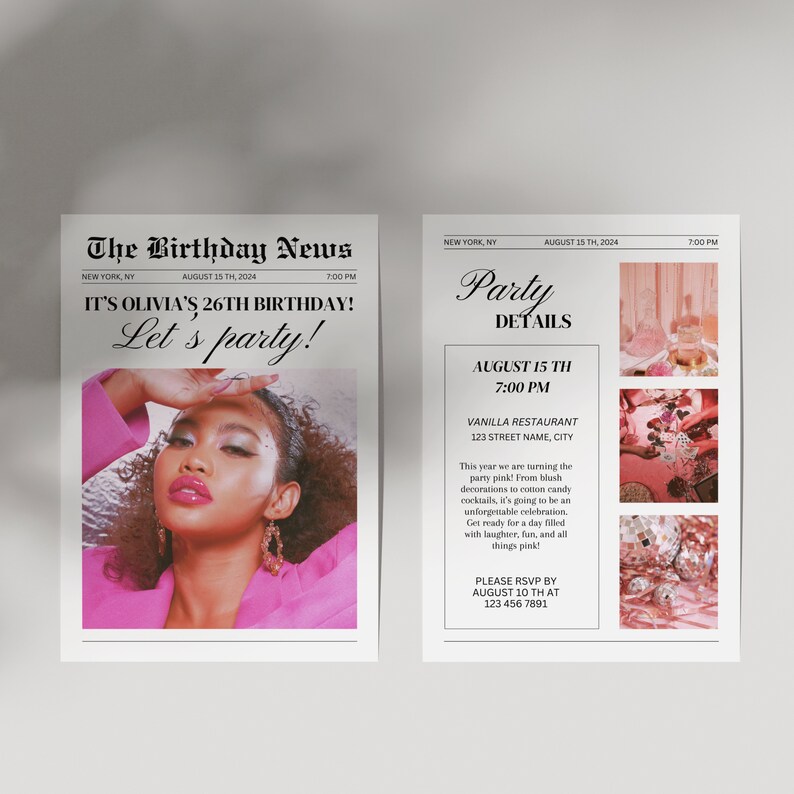 May include: Two-page party invitation with a newspaper theme. The left page reads "The Birthday News" and announces Olivia's 26th birthday. The right page details the party, including the date, time, and location.