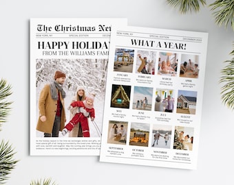 May include: Two white paper sheets featuring a Christmas newsletter design. The left sheet shows a family photo in snow with the text The Christmas News. The right sheet displays a grid of twelve monthly photos with the text What A Year!