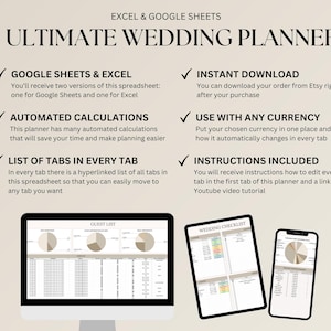 Op de afbeelding: Digitale huwelijksplanner weergegeven op een computer, tablet en smartphone. De tekst luidt "ULTIMATE WEDDING PLANNER" met functies zoals automatische berekeningen en valuta conversie. Inclusief instructies en beschikbaar voor Google Sheets en Excel.