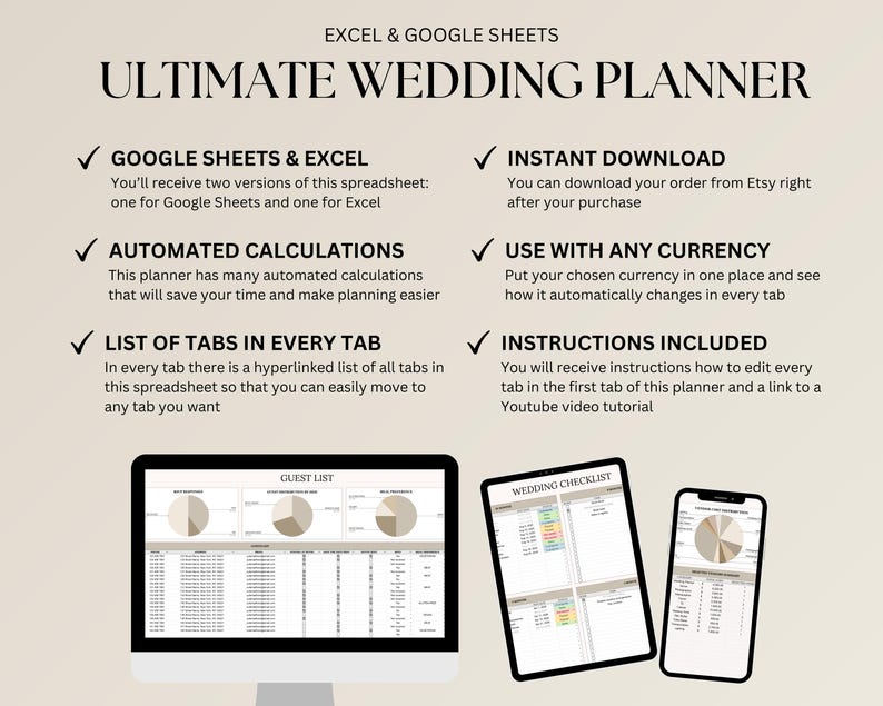Op de afbeelding: Digitale huwelijksplanner weergegeven op een computer, tablet en smartphone. De tekst luidt "ULTIMATE WEDDING PLANNER" met functies zoals automatische berekeningen en valuta conversie. Inclusief instructies en beschikbaar voor Google Sheets en Excel.