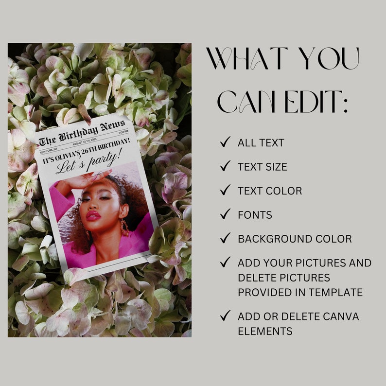 May include: A newspaper-style birthday announcement with a photo of a woman in a pink blazer, surrounded by flowers. The headline reads "The Birthday News" and "IT'S OLIVIA'S 26TH BIRTHDAY! Let's party!" Text on the right lists editable features.
