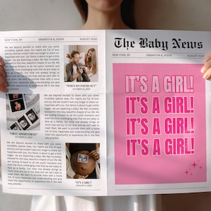 Plantilla de periódico de anuncio de bebé es una niña, Periódico de anuncio de embarazo, Periódico Canva de revelación de género, Periódico de Baby Shower