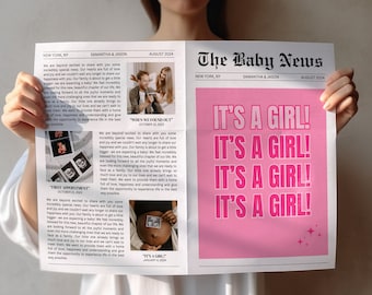 It&#39;s A Girl Newspaper Baby Announcement Template (Canva Digital Download)