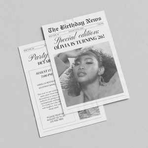 Puede incluir: Una invitaci&oacute;n de fiesta de cumplea&ntilde;os estilo peri&oacute;dico en blanco y negro para el cumplea&ntilde;os n&uacute;mero 26 de Olivia. La invitaci&oacute;n presenta una foto de Olivia con el texto "Edici&oacute;n especial: Olivia cumple 26!" en la parte superior. La invitaci&oacute;n incluye la fecha, la hora y el lugar de la fiesta, as&iacute; como una solicitud de RSVP antes del 10 de agosto.
