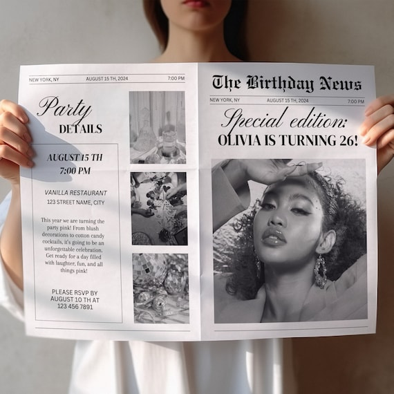 Birthday Newspaper Template,  Birthday Invitation Newspaper, Canva Newspaper, Newspaper Prop for Birthday Photoshoot, Birthday Program
