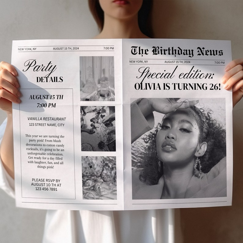 Puede incluir: Una invitaci&oacute;n de estilo peri&oacute;dico en blanco y negro para una fiesta de cumplea&ntilde;os. El titular dice "The Birthday News Edici&oacute;n especial: Olivia cumple 26!" con una foto de una mujer en el fondo.