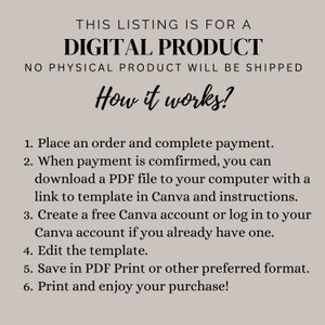 Puede incluir: Una lista de productos digitales con instrucciones sobre c&oacute;mo descargar y usar una plantilla de Canva. El texto dice "Esta lista es para un producto digital. No se enviar&aacute; ning&uacute;n producto f&iacute;sico. &iquest;C&oacute;mo funciona? 1. Realiza un pedido y completa el pago. 2. Una vez que el pago se confirme, puedes descargar un archivo PDF a tu computadora con un enlace a la plantilla de Canva e instrucciones. 3. Crea una cuenta gratuita de Canva o inicia sesi&oacute;n en tu cuenta de Canva si ya tienes una. 4. Edita la plantilla. 5. Guarda en PDF Imprimir u otro formato preferido. 6. Imprime y disfruta de tu compra!"