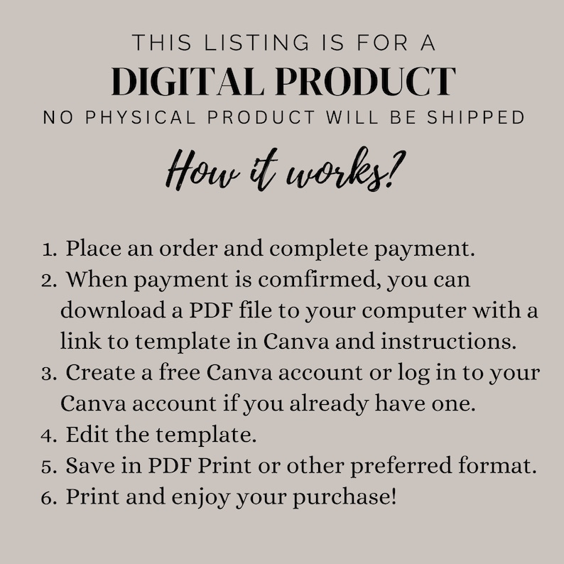 Puede incluir: Una lista de productos digitales con instrucciones sobre c&oacute;mo descargar y usar una plantilla de Canva. El texto dice "Esta lista es para un producto digital. No se enviar&aacute; ning&uacute;n producto f&iacute;sico. &iquest;C&oacute;mo funciona? 1. Realiza un pedido y completa el pago. 2. Una vez que el pago se confirme, puedes descargar un archivo PDF a tu computadora con un enlace a la plantilla de Canva e instrucciones. 3. Crea una cuenta gratuita de Canva o inicia sesi&oacute;n en tu cuenta de Canva si ya tienes una. 4. Edita la plantilla. 5. Guarda en PDF Imprimir u otro formato preferido. 6. Imprime y disfruta de tu compra!"