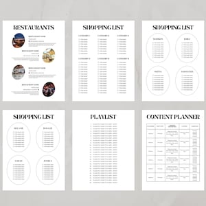 May include: A black and white printable planner with sections for restaurants, shopping lists, playlists, and content planning. The planner includes checkboxes and spaces for writing.