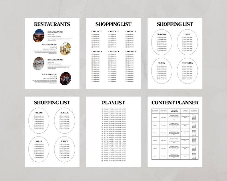 May include: A black and white printable planner with sections for restaurants, shopping lists, playlists, and content planning. The planner includes checkboxes and spaces for writing.