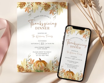 May include: Thanksgiving dinner invitation on a white background with fall-themed watercolor illustrations. The invitation includes text with the date, time, and location. A smartphone displays the same invitation. Dried wheat stalks are in the background.