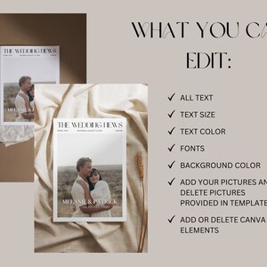 May include: Two wedding newspaper templates with the headline "THE WEDDING NEWS" and the names "MELANIE & PATRICK". The text "WHAT YOU CAN EDIT:" is displayed, followed by a list of editable features, including text, size, color, fonts, and background.