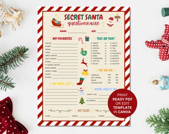 Könnte beinhalten: Ein Secret Santa-Fragebogen mit einem rot-weiß gestreiften Rand. Der Fragebogen enthält Abschnitte für Favoriten, dieses oder jenes, Ja oder Nein und eine Wunschliste. Der Text "Print Ready PDF or Edit Template in Canva" ist ebenfalls enthalten.