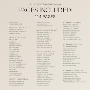 Op de afbeelding: Een digitale trouwplanner sjabloon met een beige achtergrond. De tekst "FULLY EDITABLE IN CANVA" en "PAGES INCLUDED: 114 PAGES" staan bovenaan. De planner bevat secties voor contacten, huwel overzicht, inspiratie, fotografie, schema's, checklists, ceremonie & receptie setup en planning tips.