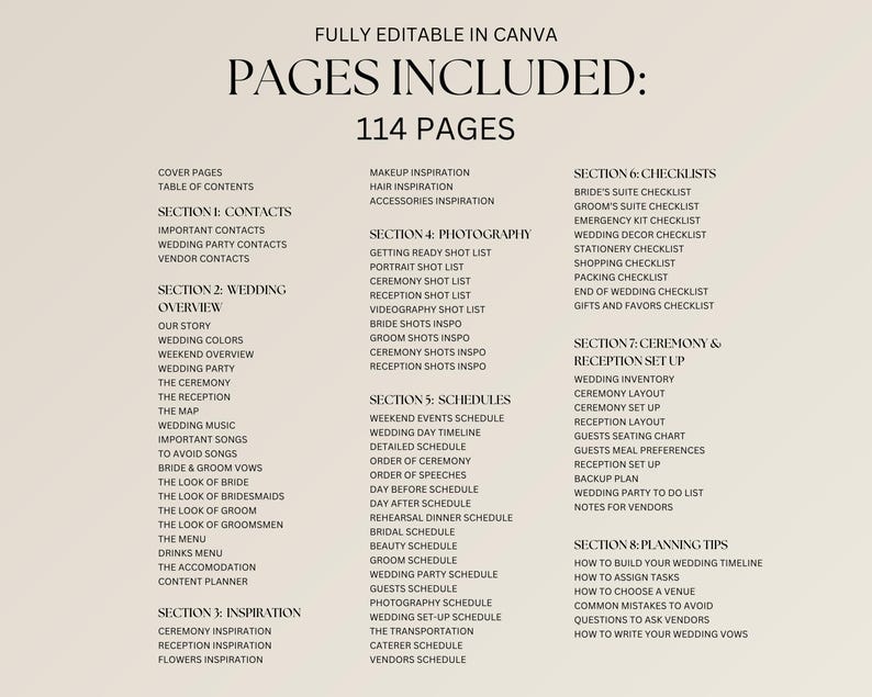 Op de afbeelding: Een digitale trouwplanner sjabloon met een beige achtergrond. De tekst "FULLY EDITABLE IN CANVA" en "PAGES INCLUDED: 114 PAGES" staan bovenaan. De planner bevat secties voor contacten, huwel overzicht, inspiratie, fotografie, schema's, checklists, ceremonie & receptie setup en planning tips.