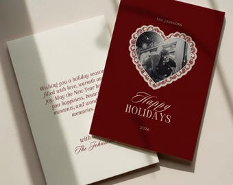 Burgundy Christmas Card Template, Lace Vintage Holiday Photo Card, Old Money Christmas Card Editable in Canva