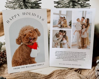 May include: A Christmas card with a photo of a family and a dog. The card has a white background with a beige border. The text "Happy Holidays" is written in a modern font at the top of the card. The text "From the Williams Family" is written at the bottom of the card. The photo of the family is in the top right corner of the card. The photo of the dog is in the center of the card. The dog is a brown poodle wearing a red Santa hat.