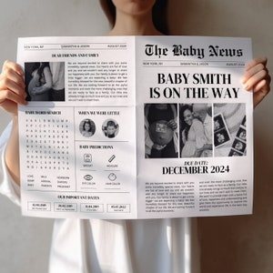 Plantilla de anuncio de embarazo en periódico, anuncio de bebé en periódico, baby shower en periódico, anuncio de embarazo en periódico, periódico Canva