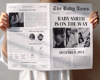 Newspaper Pregnancy Announcement Template: Baby Shower, Canva Edit (Digital)