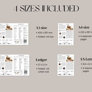 May include: A beige and white wedding invitation template with the text "4 SIZES INCLUDED". The template includes A3, A4, Ledger, and US Letter sizes, each with a different layout. The design features photos and text.