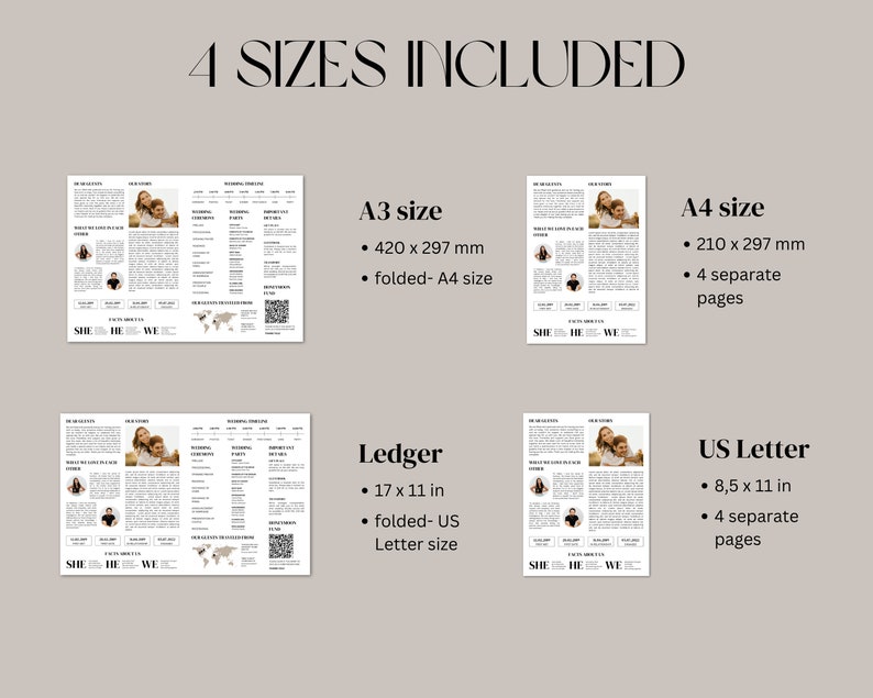 May include: A beige and white wedding invitation template with the text "4 SIZES INCLUDED". The template includes A3, A4, Ledger, and US Letter sizes, each with a different layout. The design features photos and text.
