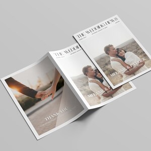May include: A wedding newspaper with the headline "THE WEDDING NEWS" and the names "MELANIE & PATRICK" on the front page. The newspaper is open, revealing a photo of a couple and the text "THANK YOU FOR BEING PART OF OUR SPECIAL DAY."