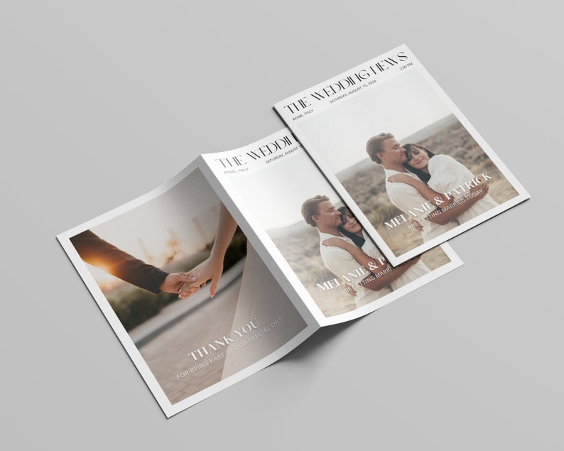 May include: A wedding newspaper with the headline "THE WEDDING NEWS" and the names "MELANIE & PATRICK" on the front page. The newspaper is open, revealing a photo of a couple and the text "THANK YOU FOR BEING PART OF OUR SPECIAL DAY."