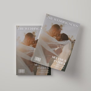 May include: Two copies of "The Wedding News" magazine. The cover features a couple kissing, with the text "Melanie & Patrick Are Getting Married Today." The magazine's masthead reads "The Wedding News, Saturday, August 2024."