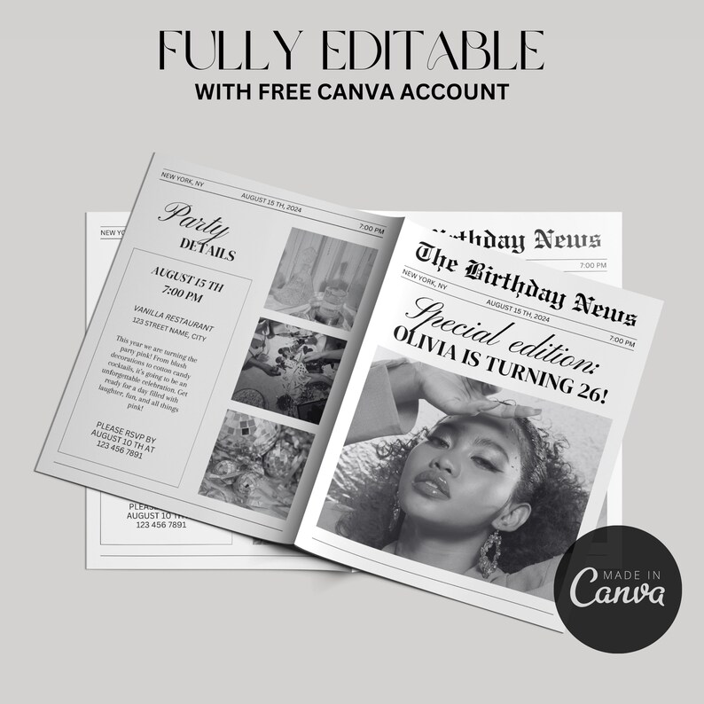 Puede incluir: Una invitaci&oacute;n de cumplea&ntilde;os estilo peri&oacute;dico en blanco y negro con el texto "The Birthday News" y "Edici&oacute;n especial: Olivia cumple 26!" Una foto en blanco y negro de una mujer est&aacute; en el fondo. La invitaci&oacute;n es totalmente editable con una cuenta gratuita de Canva.