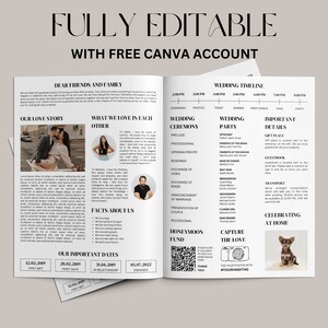 May include: A wedding invitation template with a beige background. The text "FULLY EDITABLE WITH FREE CANVA ACCOUNT" is at the top. The invitation includes sections for the wedding timeline, ceremony details, and photos.