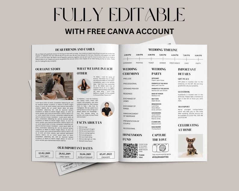 May include: A wedding invitation template with a beige background. The text "FULLY EDITABLE WITH FREE CANVA ACCOUNT" is at the top. The invitation includes sections for the wedding timeline, ceremony details, and photos.