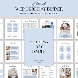Peut inclure: Un modèle numérique de classeur pour le jour du mariage avec une couverture bleu clair portant le texte WEDDING DAY BINDER, MADISON + ROBERT et 12.07.2024. L'affichage comprend diverses pages de planification comme les programmes et les plans.