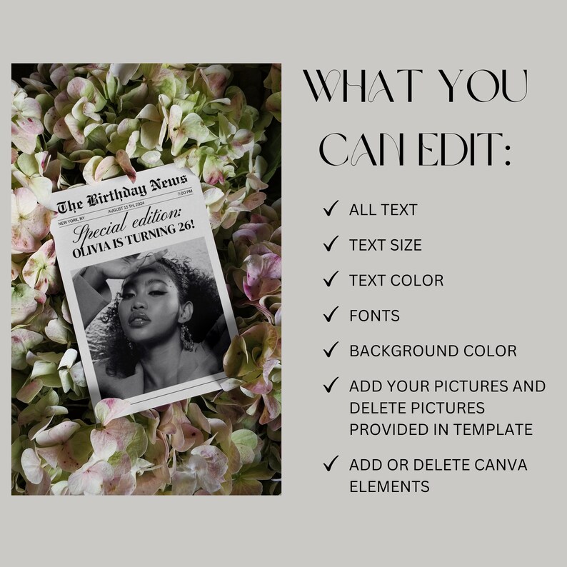 Puede incluir: Una plantilla de tarjeta de cumplea&ntilde;os digital con un dise&ntilde;o de peri&oacute;dico que presenta una foto de una persona y el texto "The Birthday News Special edition: Olivia is turning 26!" La tarjeta est&aacute; rodeada de flores rosas y verdes.
