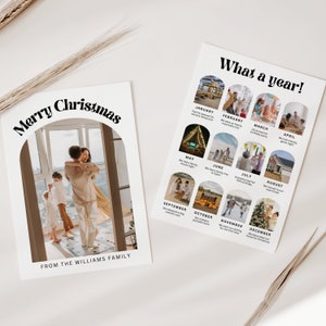 Modello di biglietto di Natale con revisione dell'anno, collage di foto di biglietti di che anno, modello di biglietto di auguri ad arco, biglietto fotografico di Natale retrò, biglietto Boho