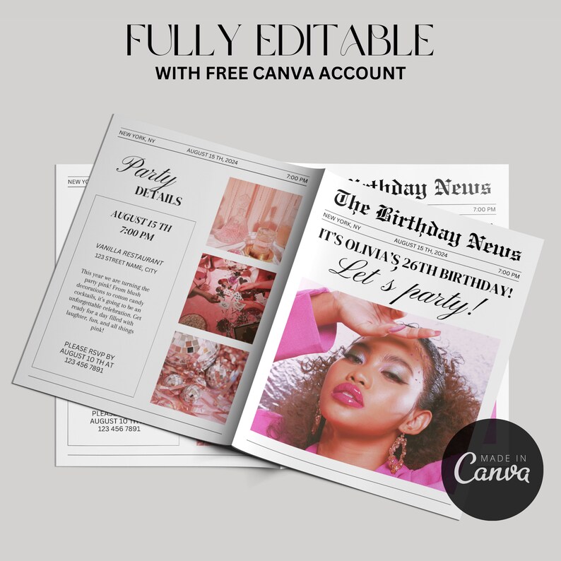 May include: Newspaper-style birthday party invitations with the text "FULLY EDITABLE WITH FREE CANVA ACCOUNT." The invitations feature party details, photos, and the headline "The Birthday News." The design includes a photo of a woman.
