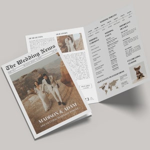 Plantilla de programa de boda de periódico, plantilla de programa de ceremonia de boda plegada, plantilla de programa de día de boda imprimible, plantilla Canva