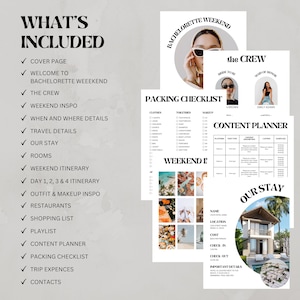 May include: A printable checklist for a bachelorette weekend. The checklist includes a cover page, welcome to bachelorette weekend, the crew, weekend inspo, when and where details, travel details, our stay, rooms, weekend itinerary, day 1, 2, 3 & 4 itinerary, outfit & makeup inspo, restaurants, shopping list, playlist, content planner, packing checklist, trip expenses, and contacts.