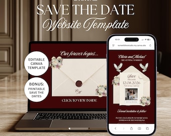 Envelope Save The Date Template: Floral Burgundy Wedding Website (Canva Digital Invitation)