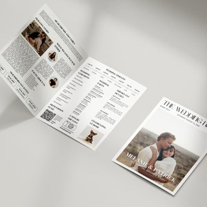 May include: A wedding newspaper with the headline "THE WEDDING NEWS" and the names "Melanie & Patrick" on the front. The inside pages feature photos, text, and a wedding timeline. The newspaper is white with black text.