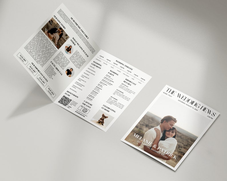 May include: A wedding newspaper with the headline "THE WEDDING NEWS" and the names "Melanie & Patrick" on the front. The inside pages feature photos, text, and a wedding timeline. The newspaper is white with black text.