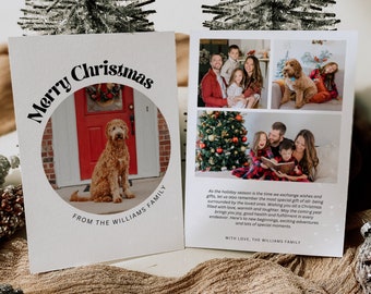 May include: A Christmas card with a photo of a family and their dog. The card has a red door with a wreath on it and the text "Merry Christmas" in a circle. The text "From the Williams Family" is at the bottom of the card. The card also includes a message about the holiday season and the importance of family.