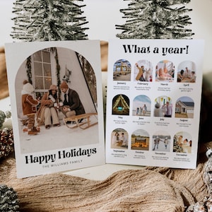 Jaaroverzicht kerstkaartsjabloon, wat een jaarkaart fotocollage, afdrukbare boog kerstkaartsjabloon, retro vakantiefotokaart