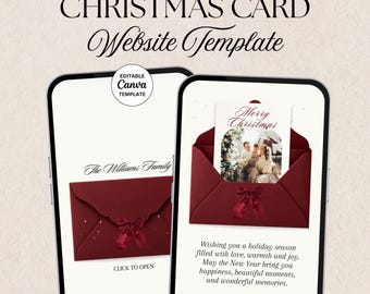 Digital Christmas Card Template - Burgundy Holiday Photo Card Website Canva Editable