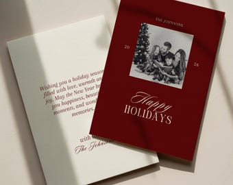 Burgundy Christmas Card Template, Minimalist Holiday Photo Card, Modern Family Christmas Card Editable in Canva