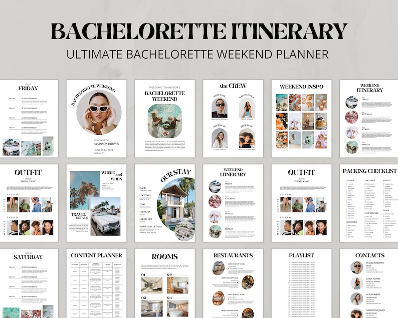 May include: A printable bachelorette party itinerary planner with a black and white design. The planner includes sections for the weekend itinerary, outfit ideas, packing checklist, content planner, rooms, restaurants, playlist, and contacts.