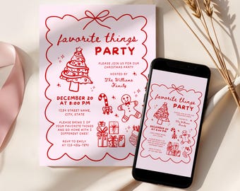 May include: A pink invitation with red text and illustrations for a "Favorite Things Party." The design includes a Christmas tree, candy cane, gingerbread man, and gift boxes. A smartphone displays the same invitation.