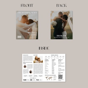 May include: A wedding newspaper design with a front cover featuring a couple embracing, the headline "THE WEDDING NEWS", and the names "MELANIE & PATRICK". The back cover says "THANK YOU". The inside includes wedding details.